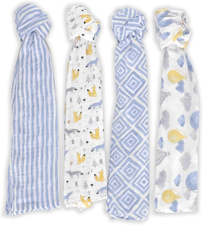 Featherhead™ 100% Cotton Muslin Swaddle Blankets for Baby Boy - Large 47”x 47” - Pre-Washed, Soft, & Breathable - Newborn Essential & Perfect Baby Registry Gift (4 Pack - Blue Foxes)