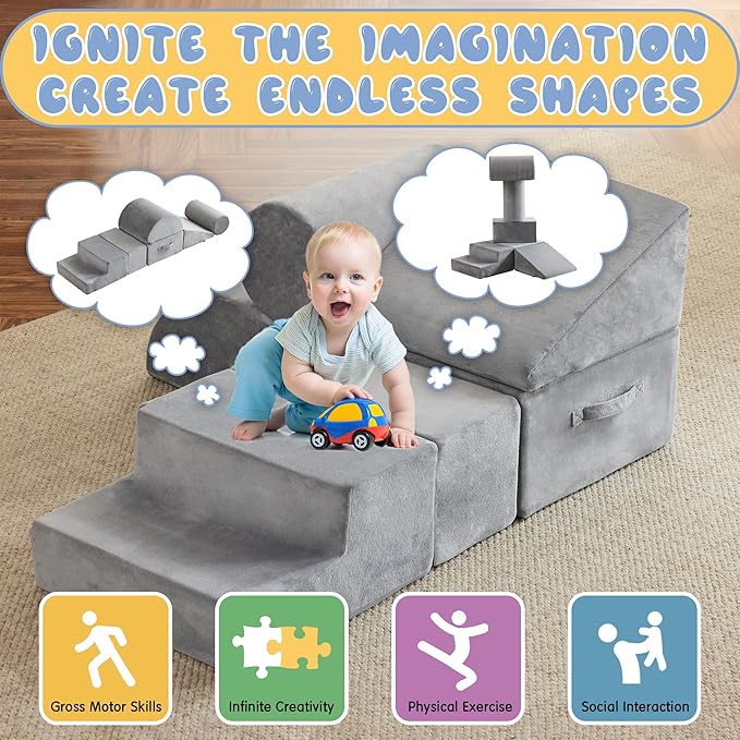 jela Kids Foam Climbing Blocks 6Pcs Soft Play Equipment Soft Velvet, Toddler Climbing Toys Indoor Soft Play Climbing for Toddlers, Lightweight Climbing Blocks for Babies, Climb and Crawl Foam Playset