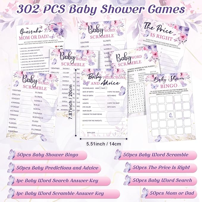 Jetec 302 Pcs Butterfly Theme Baby Shower Games - 6 Games, 50 Sheets Each - Shower Party Bingo, Word Scramble, Word Search, Predictions and Advice, The Price is Right, Guess Who