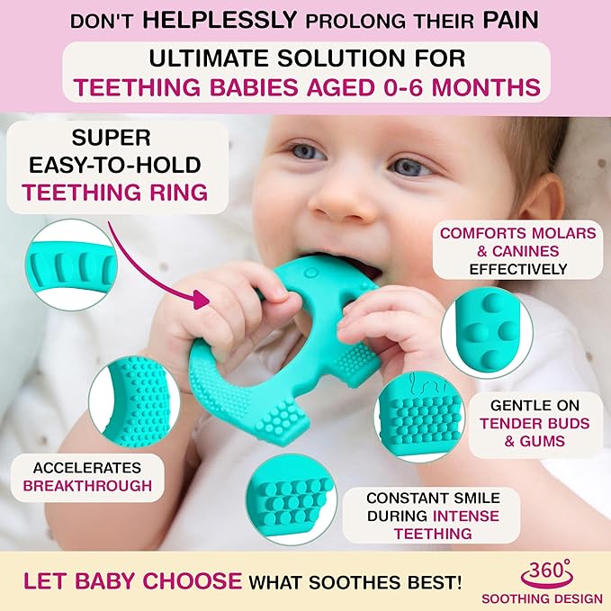 Teething Ring for Babies 0-6 Months - 5X Pain Relief Smart Teether - Zero Developmental Delay Silicone Teether - Cute Infant Chew Toy, Shower Gift