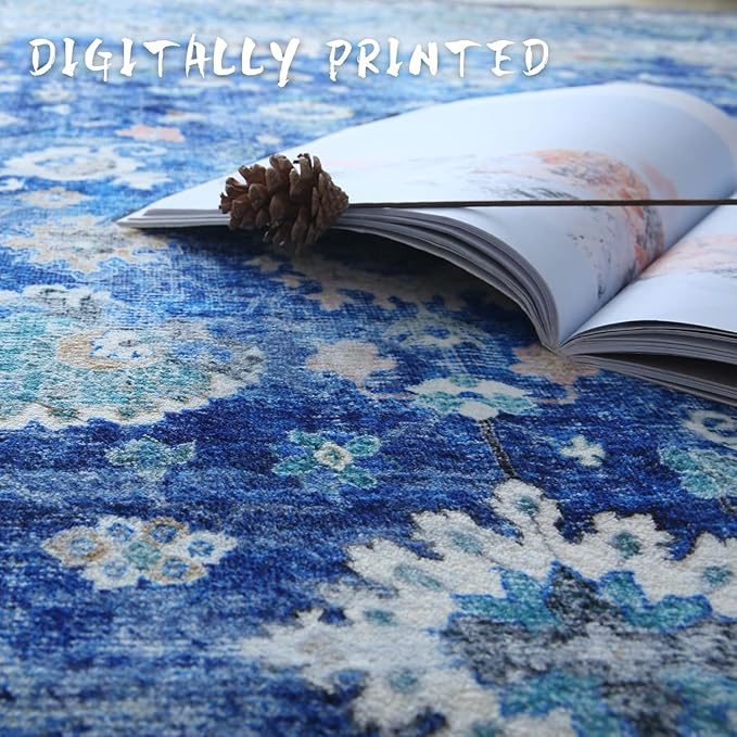 Runner Rug 2'6''x8' Hallway Washable Boho Soft Area Rug Non-Slip Faux Wool Vintage Rug for Kitchen, Entryway, Laundry, Bedroom, Indoor (Blue)