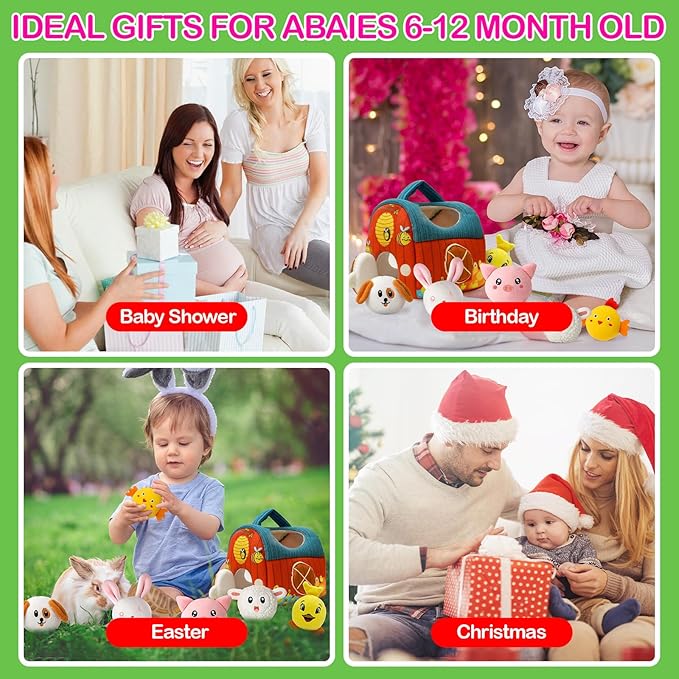 Baby Toys 6-12 Months Plush Barn with Stuffed Farm Animals Crinkle, Rattle & Mirror Montessori Toys Developmental Sensory Toys for 6 Month Old Boys Girls Babies & Toddlers