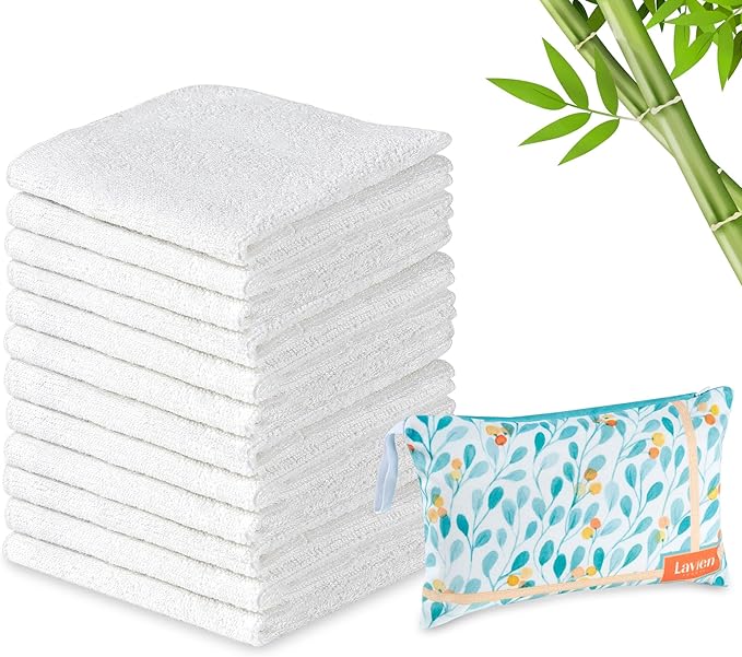 Lavien Home 12-Pack Rayon derived from Bamboo Washcloths with Multi-Purpose Clutch Bag, Ultra-Soft Absorbent Towels for Face, Body, Shower, Make-Up, Baby, and More - Cloud Touch 10"x10" (White)
