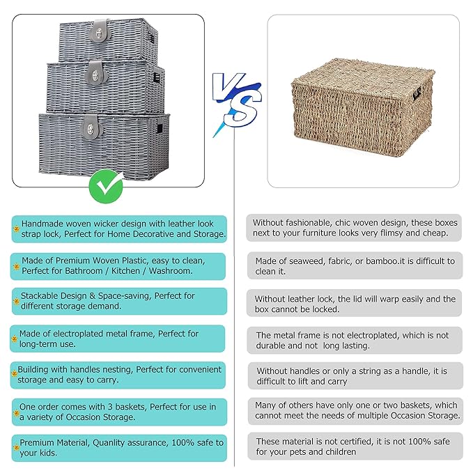 Set of 3 Woven Storage Basket Bin Wicker Hamper Stackable Box with Lid & Lock, Container Tote Cube Organizer for Nursery, Baby Toiletry, Diaper, Toys, Home Closet, Laundry, DVD, Book (Grey)