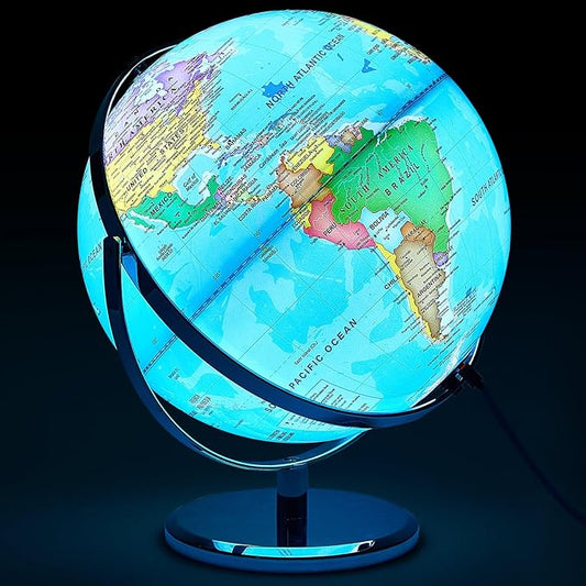 Amylove 13'' Illuminated World Globe for Adults 720°/360° Rotation Rewritable Light Up Globe with Stand World Map for Interactive Learning Light with Base Lamp LED Decor(Metal,Practical)
