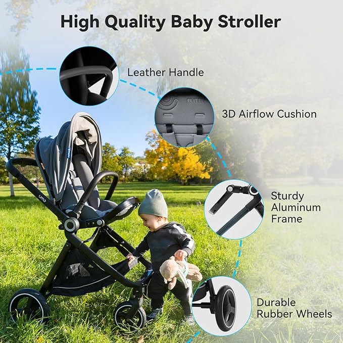 EMU Reversible Baby Stroller with Reversible Seat Full-Size Infant Stroller with Full Recline Cockpit Compact Foldable Pram Carriage for Outdoor City - Black