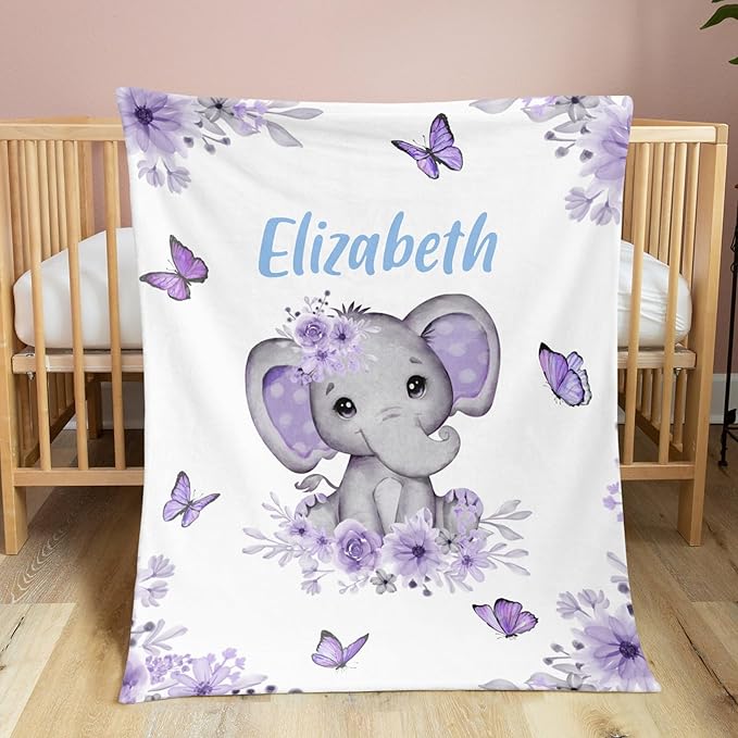 Personalized Baby Blanket for Girls Elephant Custom Baby Blankets with Name Dotted Backing Customized Gifts for New Mom Customize Baby Blanket for Kids Newborn Birthday Purple