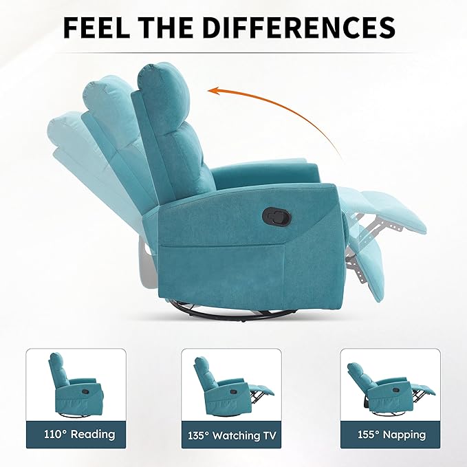 360° Swivel Rocking Chair for Nursery, Manual Glider Chair Nursing Chair with Side Pockets, Polyester Glider for Living Room, Heavy Duty Motion Mechanism, Blue