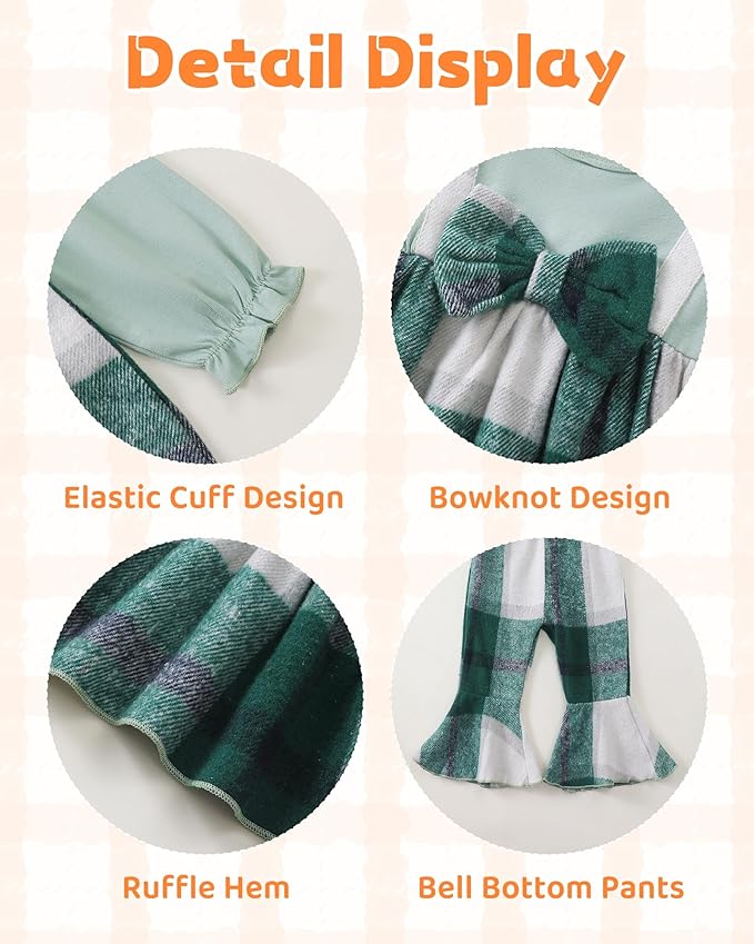 Kucnuzki Toddler Baby Girl Clothes Outfit Long Sleeve Plaid T Shirt Top Flare Leggings Pants 2 Piece Outfit Kids Clothes