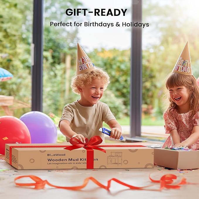 BlueWood Mud Kitchen for Kids Outdoor, Wooden Play Kitchen Set with Sink, Stove, Chalkboard, Montessori Toddler Outdoor Kitchen Playset for Backyard Fun