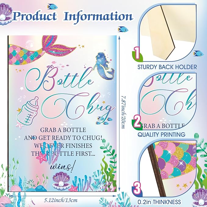 TrelaCo Mermaid Cool Baby Shower Games Bottle Chug Sign Wooden Mermaid Theme Gift Sets Gender Reveal Party Favors and 12 Pcs Baby Bottle Shower Favor for Games Gender Reveal