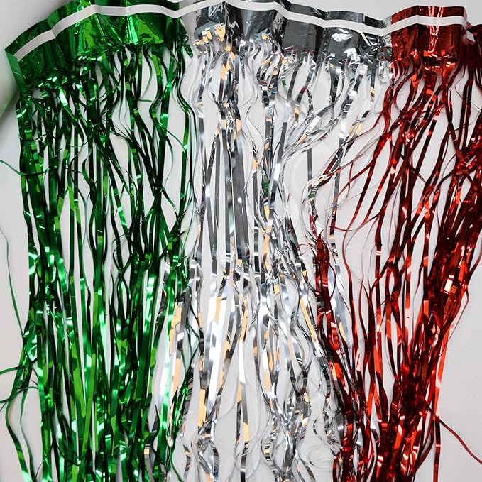BRAVESHINE 2 Pack Fringe Backdrop Red Silver Green Christmas Party Decorations 3.2 x 6.6 ft Tinsel Foil Curtain Party Streamer Metallic Photo Backdrop for Christmas, New Year Decor