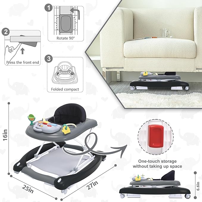 Foldable Baby 5-in-1 Activity Walker - Rocker, Activity Center, Bouncer, Seat Walker, Push Walker - Adjustable Speed Rear Wheels and Height Toys Ages 6-18 Months… (Black)