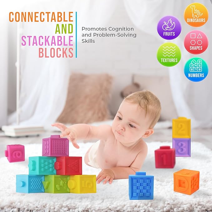 Montessori Silicone Teething Toys for Babies 6 Months + Sensory Developmental Educational Baby Toys Infants & Toddlers - Building Blocks, Stacking Rings, Sensory Balls - (24 Pieces)