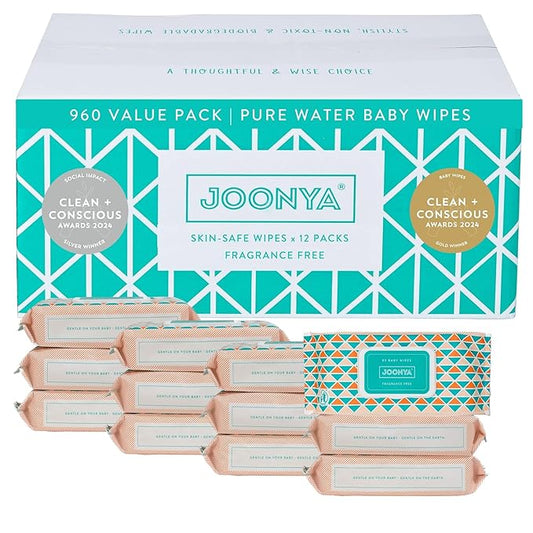 JOONYA Unscented Baby Wipes — Plant-Based, Fragrance-Free Bulk Diaper Wipes | Hypoallergenic, Non-Toxic & Biodegradable Wet Wipes for Sensitive Newborn Skin | 12 Packs of 80 Wipes (960 Total)