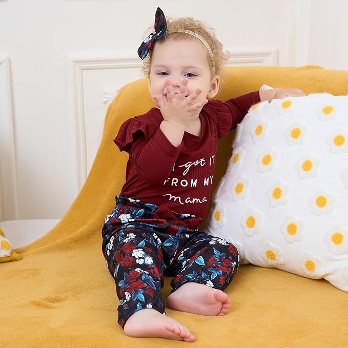 DISAUR Baby Girls Clothes Newborn Infant Baby Girls Outfit Long Sleeve Ruffle Romper Floral Pants Headband Sets 0-18 Months