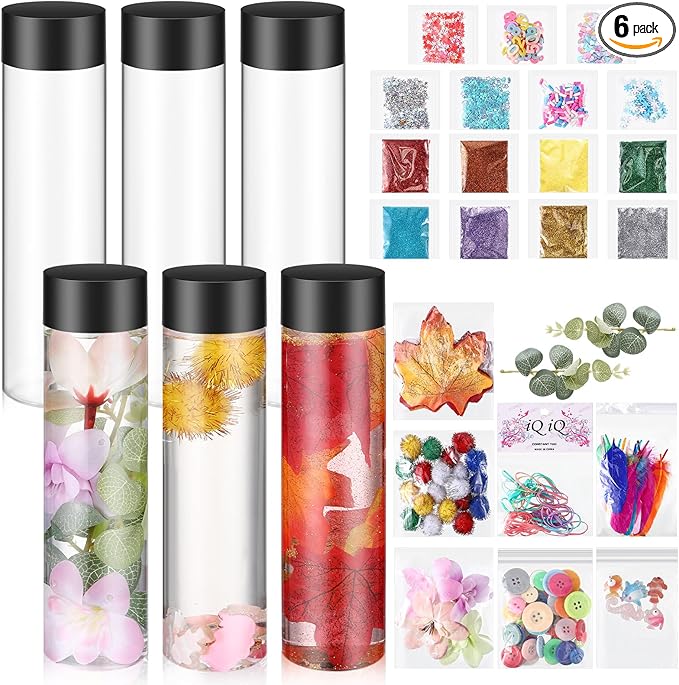 6 Pcs Sensory Bottles Kits for Kids 400 ml Plastic Bottles with Lids Glitter Sequins Accessories Seasons Containers for Relieving Toddlers 1-3 Kids Calm Down Anxiety Disturbed
