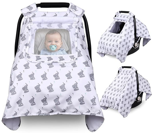 Car Seat Cover Baby, Carseat Covers Baby with 2 Layers Breathable Windows, Windproof Infant Car Seat Cover, Kick-Proof Baby Carrier Cover for Baby Boy Newborn Essentials