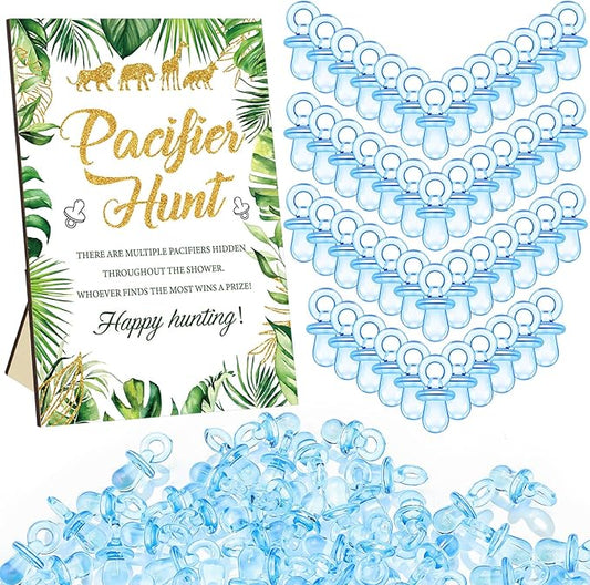 Thyle 51 Pcs Pacifier Hunt Baby Shower Games Include Hunt Sign and 50 Acrylic Pacifiers for Baby Shower Game Decoration Gift Sets Gender Reveal Party Decor(Jungle Animals)