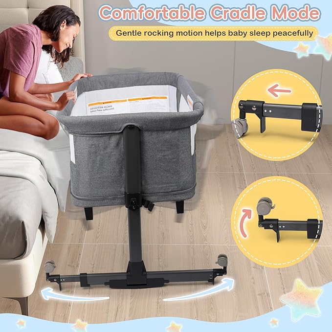 Xilingol 5 in 1 Baby Bassinet Bedside Sleeper, Portable Pack and Play with Carrying Bag, Playpen and Rocking Cradle, Easy Folding Crib for Newborn Baby, Grey