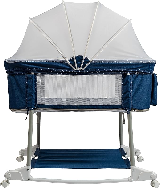 Newborn Portable Bassinet on Wheels for Baby 3 in 1 Bedside Sleeper Rocking Crib Playard with Breathable Mesh Cover Detachable Mosquito Net and Music Box Multi Mode(Navy Blue)