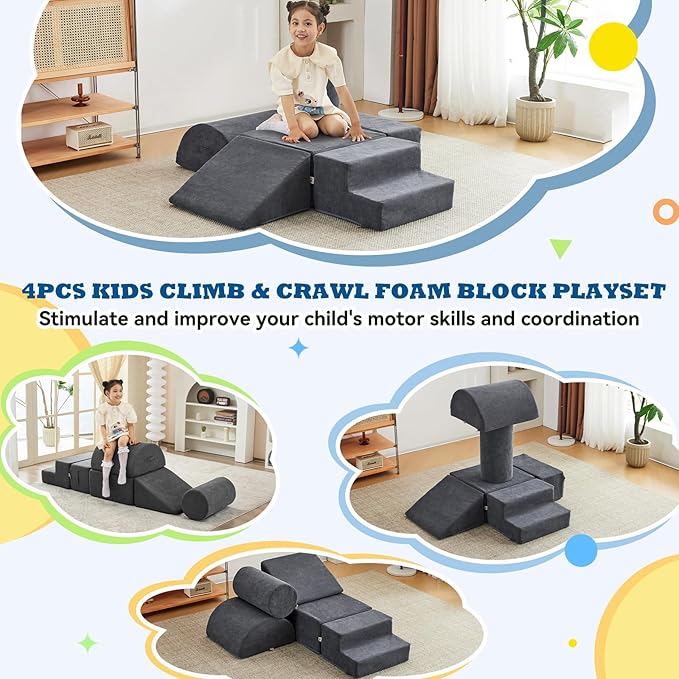 jela Kids Foam Climbing Blocks 6Pcs Soft Play Equipment Luxury Corduroy Fabric, Toddler Climbing Playset Indoor Soft Play Climbing for Toddlers, Lightweight Climbing Blocks for Babies (Darkgrey)