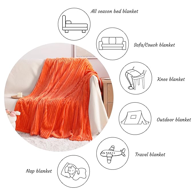 NTBAY Plush Flannel Twin Bed Blanket, 60x80 Inches Soft and Warm Lightweight Bed Blanket with Striped Texture for Couch, Sofa, All Seasons, Orange