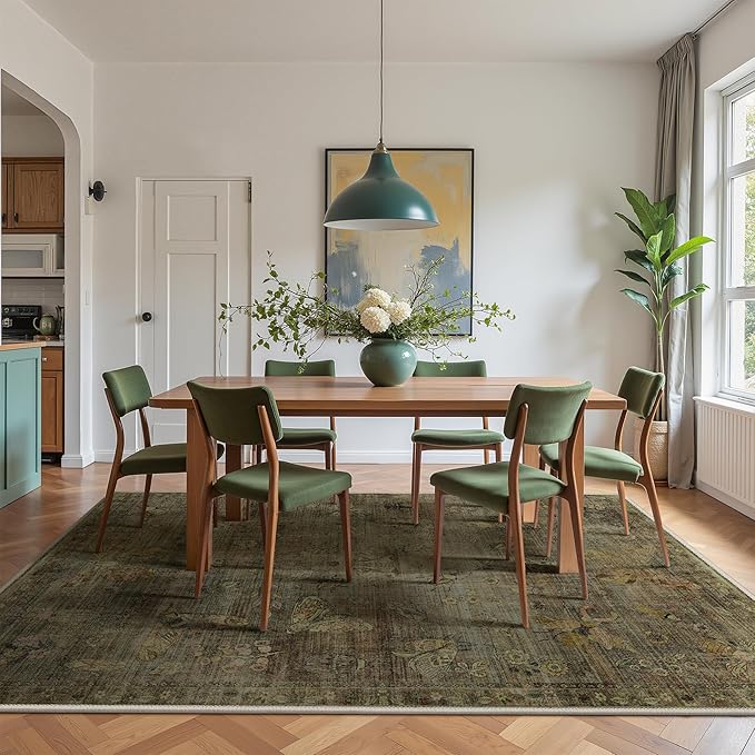 GENIMO 6x9 Area Rugs for Living Room, Machine Washable Non Slip Vintage Rugs, Low Pile Lightweight Chenille Print Rug for Bedroom, Dining Room, Home Office, Moss Taupe