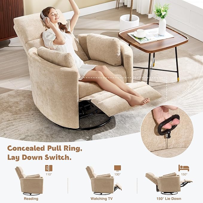 Swivel Rocker Recliner Chair,Manual Nursery Swivel Rocking Recliner,Upholstered Adult Rocking Glider Chair with 2 Pillows for Living Room Bedroom (Khaki, Manual Operation)