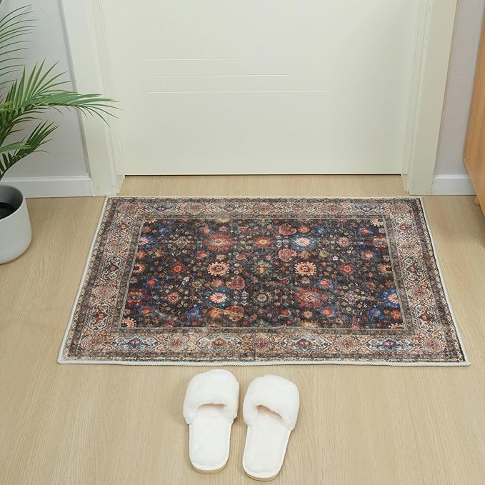 Door Mat Indoor Entrance 2x3 Rug Machine Washable Boho Small Area Rug Non-Slip Low Pile Throw Rugs for Entryway, Kitchen, Front Door Indoor Entrance, Entry, Kids Room (Dark Espresso)