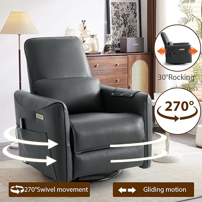 Swivel Glider Rocking Recliner, Power Recliner Chairs with Massage & Lumbar Support, Upholstered Faux Leather Reclining Sofa Chair for Living Room & Nursery (Darkgrey)