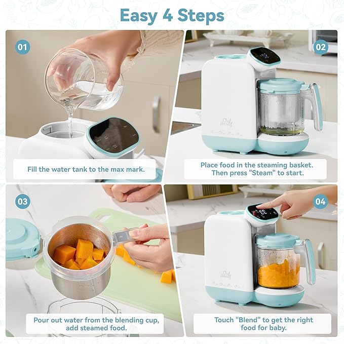 Chefhandy 5-in-1 Baby Food Maker with Steam Basket & Touch Screen | Baby Food Processor and Steamer | Auto Steam, Blend, Milk Warmer | Baby Steamer & Blender for Healthy Homemade(White Blue)