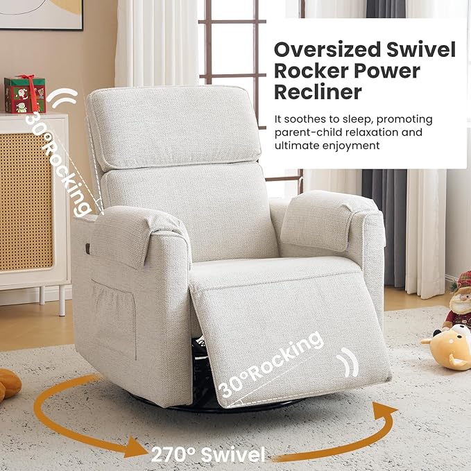 Oversized Power Recliner Chair Swivel Glider with Adjustable Headrest, Swivel Rocking Recliner Chair for Adults, 26" Extra Wide Glider Nursery Chair with Overstuffed Armrest, USB Ports, White