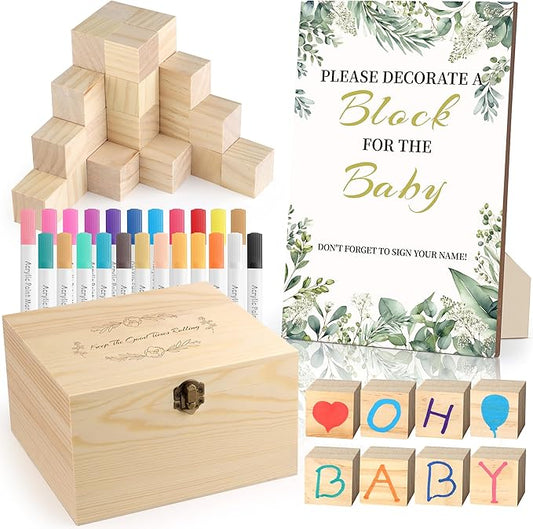 72PCS Baby Shower Games Kit with Blank Wooden Blocks, Acrylic Paint Marker, Wooden Box and Sign, Blocks Suitable for Baby Shower, Gender Reveals Party, Birthday