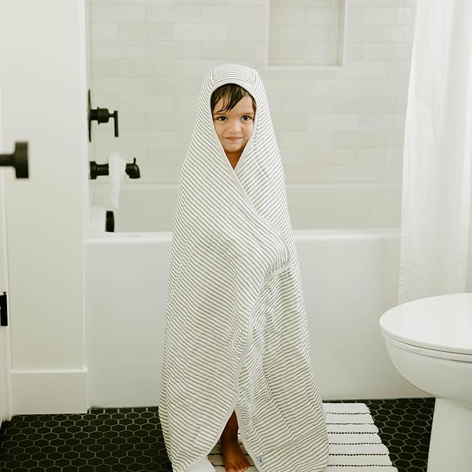 Little Unicorn Premium Hooded Bath Towel| Absorbent Cotton & Terry Blend | Larger Size, 1-6 Years (Grey Stripe)