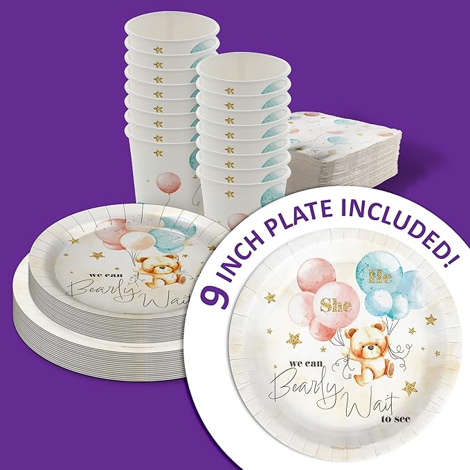 Birthday Galore We Can Bearly Wait Teddy Bear Gender Reveal Party Supplies - 64 Piece Gender Reveal Tableware Set Includes Large 9" Dinner Plates and 8" Dessert Paper Plates Napkins Cups - Kit for 16