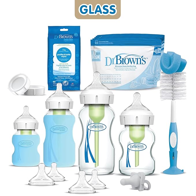 Dr. Brown’s Natural Flow Anti-Colic Options+ Wide-Neck Glass Baby Bottle Starter Set with 100% Silicone Glass Bottle Sleeves, Baby Bottle Brush, Prevent Pacifier and Pacifier and Bottle Wipes