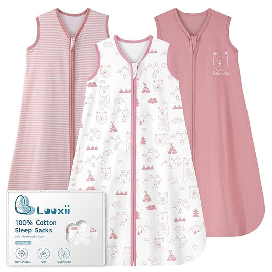 Looxii Baby Sleep Sack 0.5 TOG, 100% Cotton 3 Pack Wearable Blanket Baby Sleep Bag for Newborn Infant, 2-Way Zipper Lightweight Toddler Sleeping Sack 18-24 Months