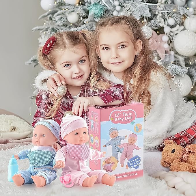 Toy Choi's Baby Doll Twin Baby Dolls 12 inch Soft Body 2 Dolls Playset with Rompers, Hat, Pacifier and Doll Bibs, Gifts for 1 2 3 4 5 Year Old Boys Girls, Toddlers and Kids