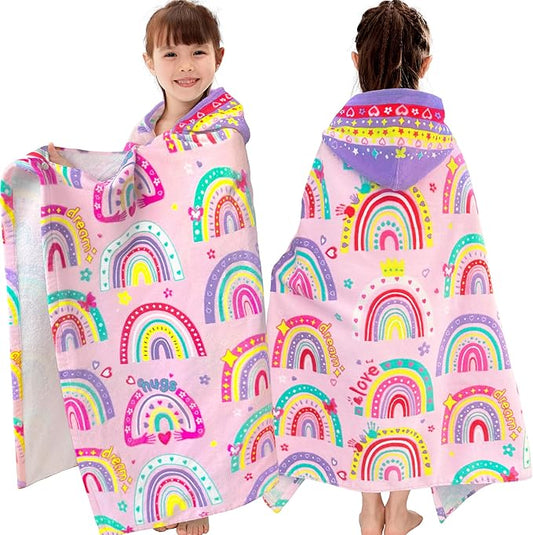 VOOVA & MOVAS Hooded Towels for Kids 3-10Years, 30''X50, Soft | Thick | 100% Cotton | Absorbent Towel Wrap for Girls, Perfect for Toddler Beach, Pool, Bath, Swimming,Rainbow