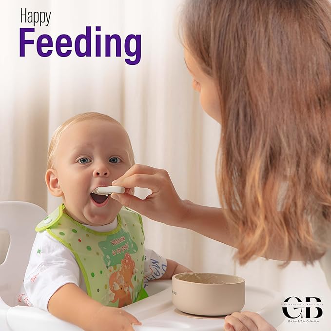 Baby & Toddler Essentials: 3 Gender Neutral Bibs with Temperature Sensitive Spoon and Fork - Washable, Removable/Detachable Food & Drool Catcher, Adjustable Snaps - Cartoon & Animal Graphics.