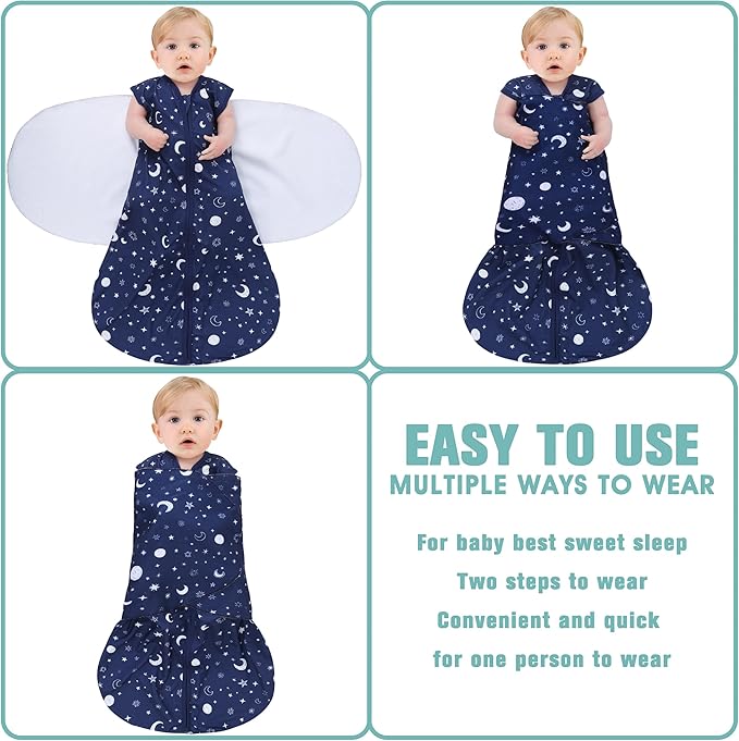 Newborn Sleep Sack Baby Swaddle,Swaddle me 6-12 Month,3-Way Adjustable Wearable Blanket,100% Rayon Cotton Swaddling Sleeping Bag，TOG 0.5 (Starry Sky, 6-12 Months)