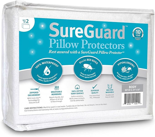 Set of 2 Body Size SureGuard Pillow Protectors - 100% Waterproof, Bed Bug Proof, Hypoallergenic - Premium Zippered Cotton Terry Covers