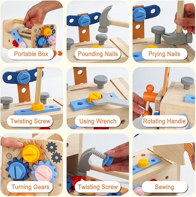 Wooden Kids Tool Set, 38PCS Educational STEM Construction Toys for 3+ Toddler, Wooden Tool Bench Montessori Toy Tool Box for 3 4 5 YO Boys & Girls Birthday Gift (36Pcs)
