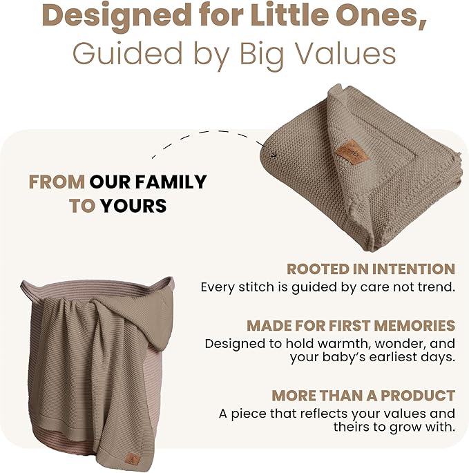 100% Organic Cotton Baby Knitted Blanket with Gift Box - Soft Toddler, Crib, Stroller Blanket - Neutral Swaddle and Receiving Blanket for Newborns, 30"x40", Mocha Meringue