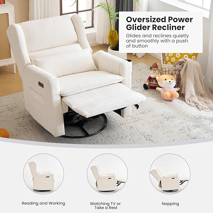 Oversized Swivel Rocker Recliner with Adjustable Headrest, 26" Extra Wide Glider Recliner Nursery Chair with Double Cushion, Chenille Glider Rocking Chair for Living Room,Cup Holder,White