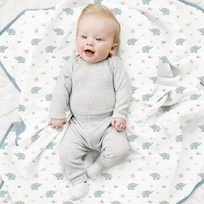 Konssy Muslin Baby Blankets for Girls Boys, 100% Cotton Crib Blanket for Baby Infant Toddler, Super Soft and Lightweight Nursery Blankets 40"x36" (Elephant)