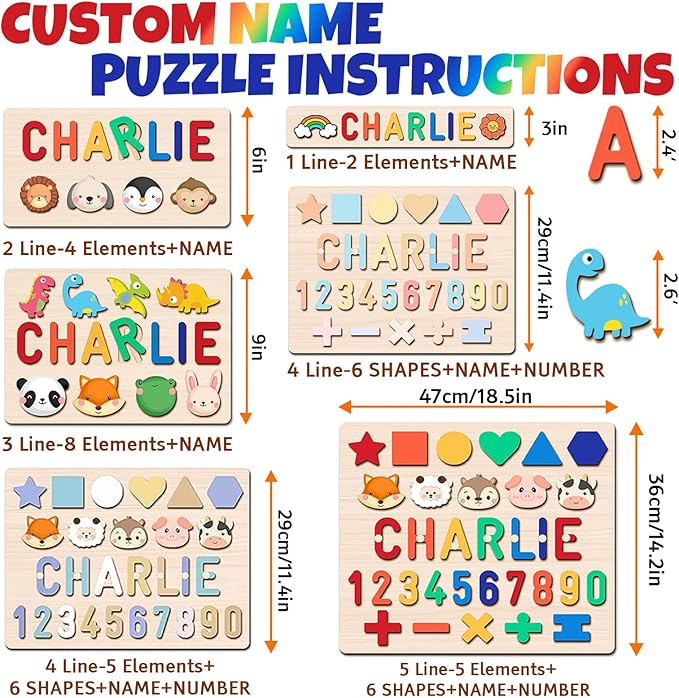 Personalized Wooden Name Puzzle for Toddlers 1-3 - Custom Baby Sensory Toy Easter Basket Stuffers - Early Learning Educational Toys for 1 Year Old Girl - 1st Birthday Gifts for Girl and Boy