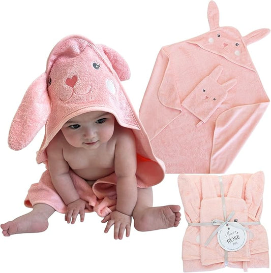 Hooded Baby Towel with Mitt - Ultra Soft Plush Bath Essential for Newborn, Infant & Toddler - Premium 30x30 Inch Large Absorbent Baby Bath Towels with Hood for Boys & Girls (Cute Bunny)