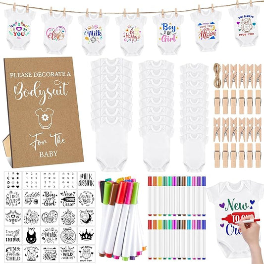 Panitay 126 Pcs Baby Shower DIY Bodysuit Set Rustic Kraft Baby Shower Game Sign DIY Bib 25 Blank White Newborn Bodysuit 25 Stencils 24 Marker 1 Sign 50 Pins for Gender Reveal(Kraft)